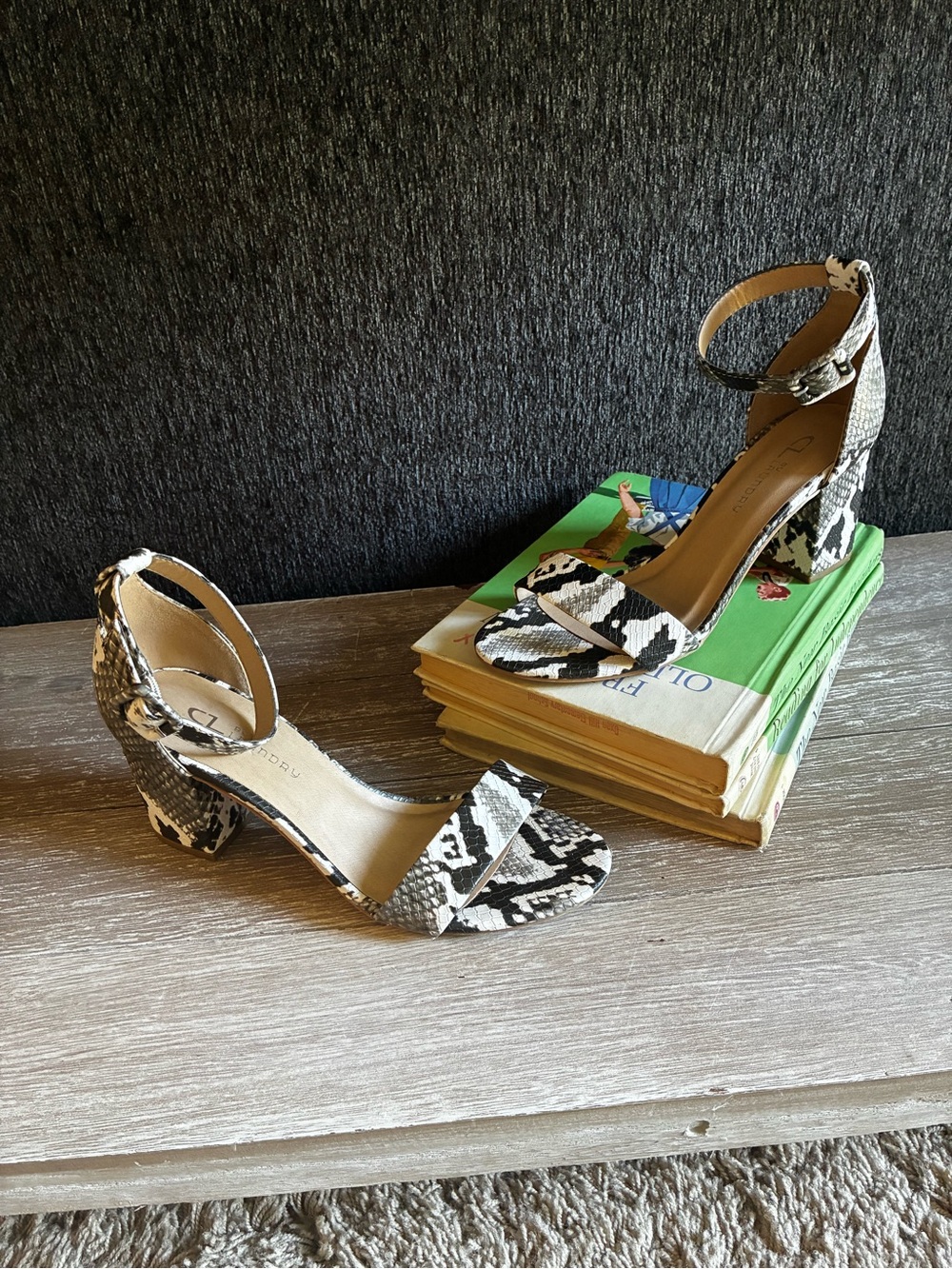 CL by Laundry Black & White Snake Print Ankle-Strap Block Heels
